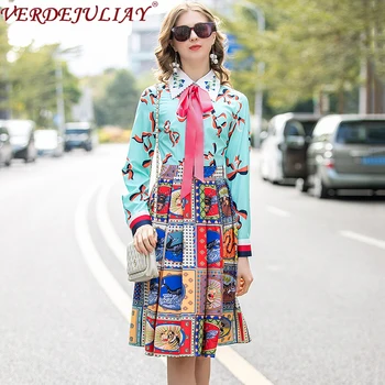 

VERDEJULIAY 2020 Spring High Street Style Draped Waist A-Line Dress Women Luxury Beading Turn-Down Collar Plaid Print Midi Dress
