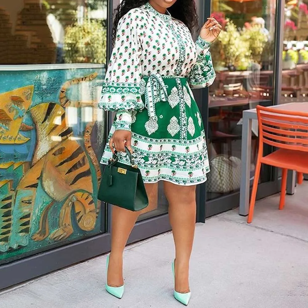 Бохо женское платье с длинным рукавом осеннего размера плюс высокой талией