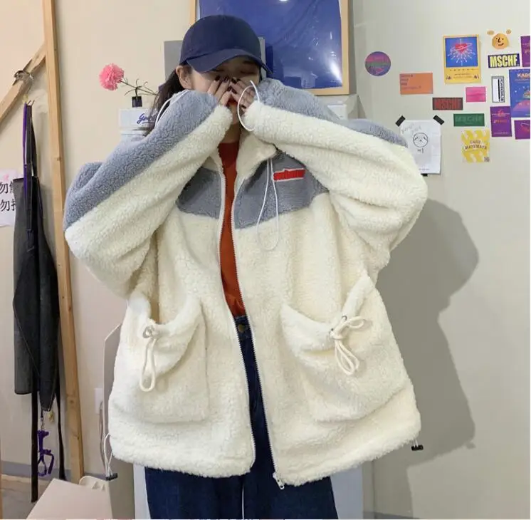 Осень и зима корейский стиль Harajuku лоскутное повседневное свободное bf молния ягненка меховое пальто для женщин