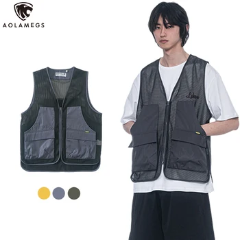 

Aolamegs Men's Vest Japanese Retro Cargo Coats Outdoor Fishing Sleeveless Waistcoat Loose Tank Multi-pocket Tops Spring Summer