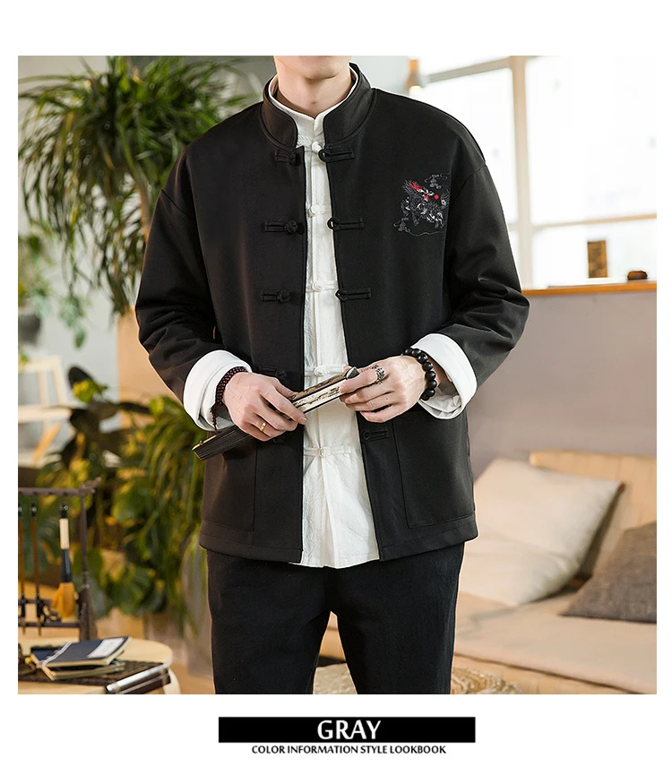 Sinicism Store, мужская мода, куртка в китайском стиле, Мужская свободная осенняя одежда Tang, Мужская свободная куртка с вышивкой и пряжкой