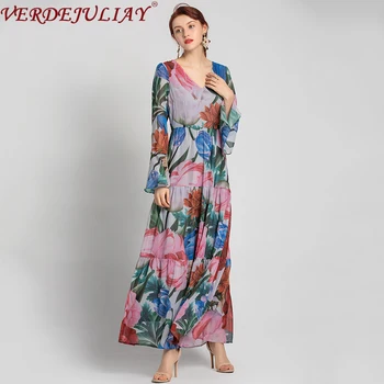 

VERDEJULIAY European Vintage Stitching Cake Dress A-Line Women V-neck Elegant Flare Sleeve 2020 Milan Fashion Floral Long Dress