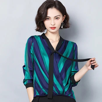 

2020 Spring Plus Size Lady's Chiffon Blouses Big Size Mother's Loose Chiffon Tops Femme Striped Shirts