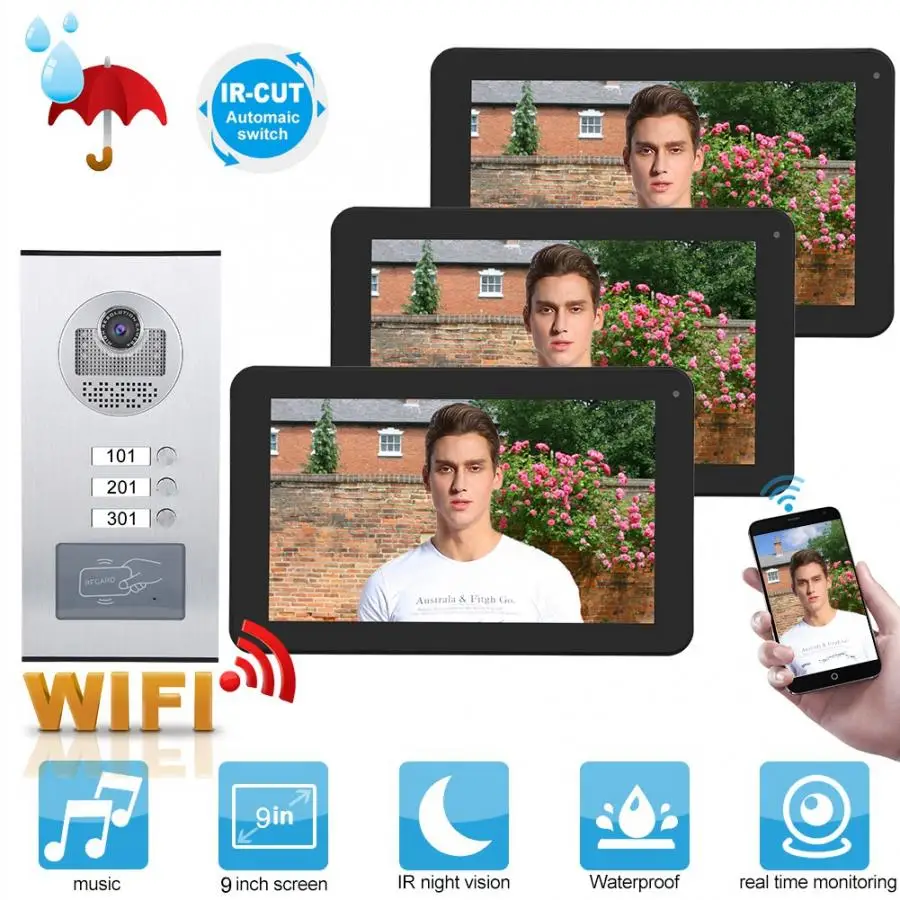 

9in Smart Touch Screen Wireless WIFI Intercom Doorbell System Video Monitor App 100-240V EU Plug/US Plug/UK Plug/AU Plug