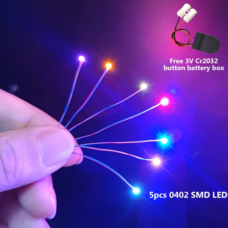 5pcs Pre-wired #0402 Smd Leds,with free Cr2032 3V button battery box,30cm Connection Wires hobby Model Kit for Gundam Lighting