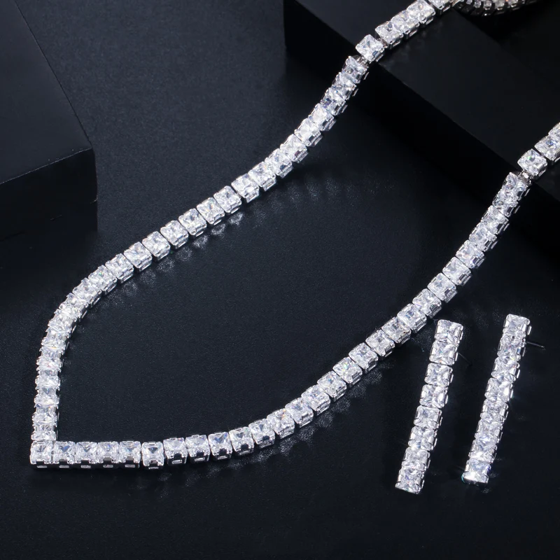CWWZircons Sparkling Square Cut Cubic Zirconia Pave Women Party Costume Jewelry Wedding Earring Necklace Sets for Brides T409 bridal jewelry sets crystal jewelry sets