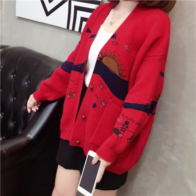Women Print V Neck Sweater Cardigan Female Spring Winter Knitted Cardigan Coat Ladies Preppy Style Outerwear Big Pocket AA11938 - Цвет: Красный