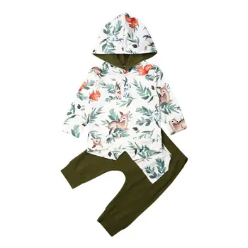 

Kids Set Baby Girl Boy Hooded Sweatshirt Clothes White Cute Animal Print Hoodie White Tops Toddler Green Pants Winter Outfits