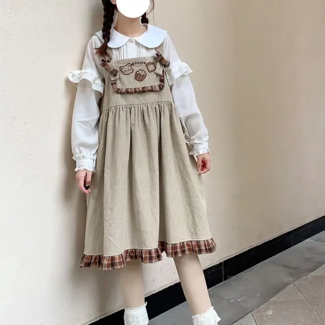 Himifashion Lolita Cute Bear Corduroy Overall Dress Women Girls Vintage Plaid Ruffle Harajuku Casual Kawaii Suspenders Dresses Sleeveless dress