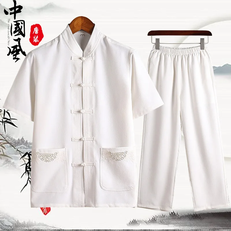 

Elderly People Chinese Costume MEN'S Short Sleeve Summer Wear Chinese Style Daddy Clothes Middle-aged Embroidered Chinese Clothi