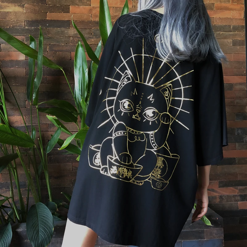 Футболки Harajuku Для женщин Свободные Забавный Lucky Cat Печатные хлопок летний футболки эстетическое уличная большеразмерная футболка принтовые тройники