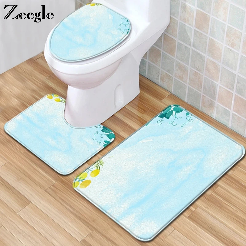 Zeegle 3Pcs/set Toilet Mat Set Anti Slip Toilet Seat Cover Flannel Soft Toilet Pedestal Rug Bathroom Decoration Bath Mat Set