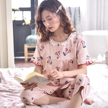 

2PCS 3XL Women Nightwear Sweet Print Cotton Pajamas flower Pijama Hight Quality Summer PJ Set Plus Size Night Suit Lingerir