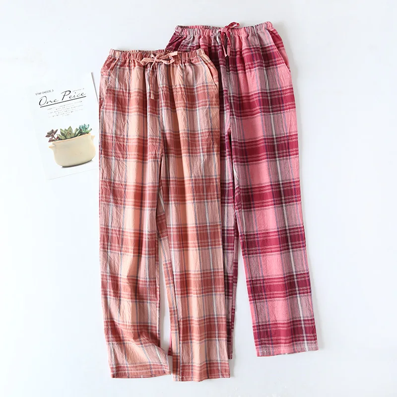 

Весенние штаны, женские свободные клетчатые хлопковые штаны для сна, простая повседневная одежда для сна из газовой ткани, пижамные штаны с эластичным поясом, одежда для сна