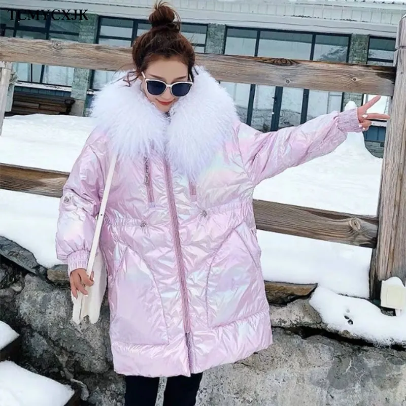 

Winter Shiny Down Parker Jacket Female Mid-length 2020 New Large Size Thick Warm Waist Fashion Colorful Beach Wool Long Jackets