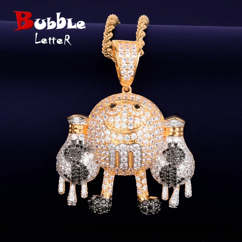 Hand holding Dollar Pouch Dripping Pendant Men's Gold Necklace Charm Bling Bling Cubic Zircon Hip hop Jewelry