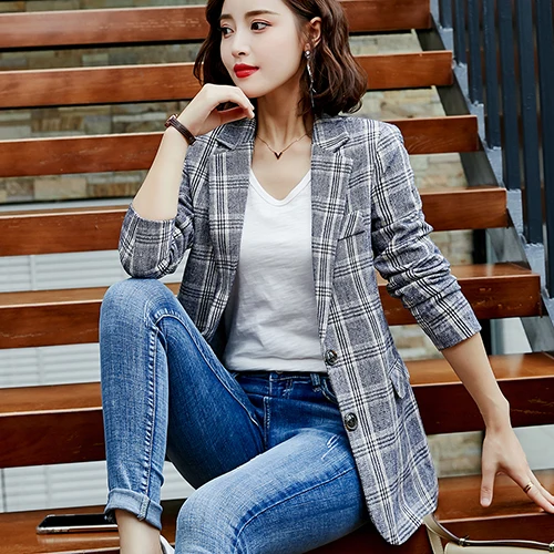 White Plaid Blazer Блейзер для женщин, для девушек, Повседневный, белый, серый, коричневый, клетчатый Блейзер, новинка, Осень-зима, однобортный, длинный пиджак, пальто, S-4XL - Цвет: White Plaid Blazer