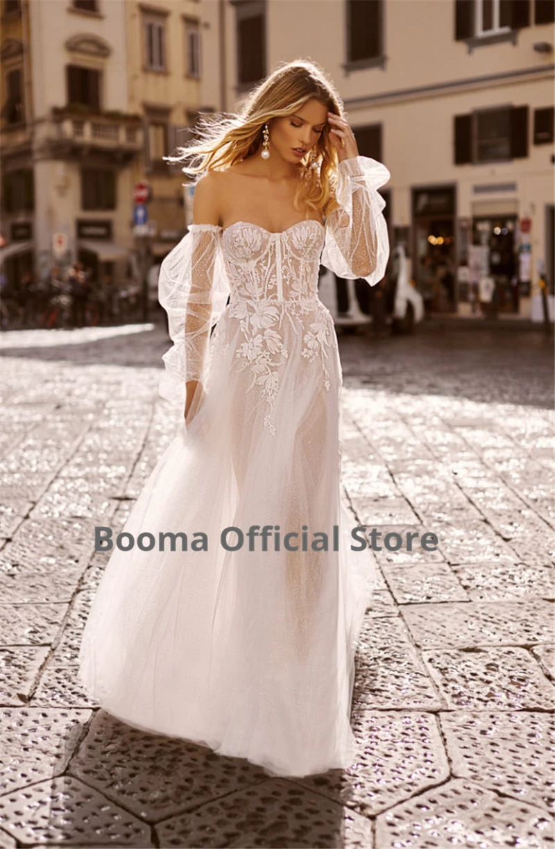 Booma пляжные свадебные платья Boho с открытыми плечами Длинные Пышные рукава Свадебные платья Кружева с аппликацией мягкий горошек Тюль Вечерние платья