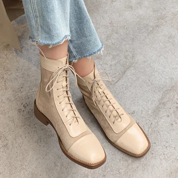 

2020 new spring and autumn square head lace-up with Martin boots fashion wild thick root boots ladies leather shoes X057