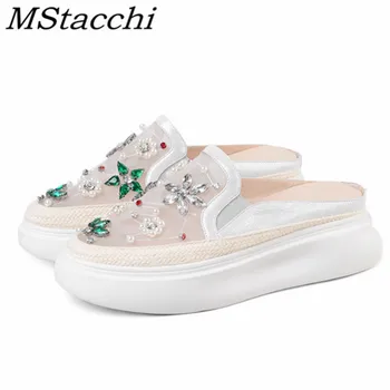 

MStacchi Novelty Women Slippers Baotou Air Mesh Thick Bottom Shoes Leather Crystal Casual Shoes New Style Fashion Women Slippers