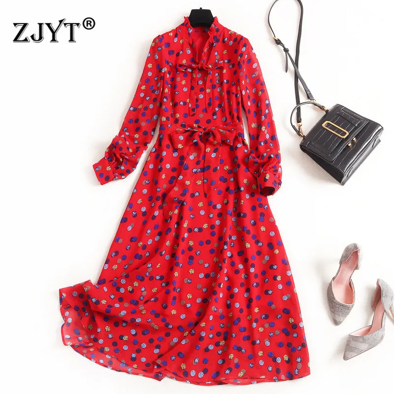 

High Quality Designer Spring Dress 2020 New Women's Fashion Long Sleeve Bow Neck Polka Dot Print Holiday Beach Chiffon Dress