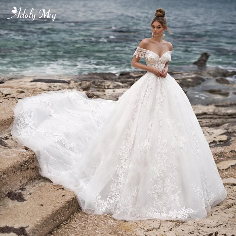 Adoly Mey, новое романтическое бальное платье с вырезом лодочкой на шнуровке, свадебные платья, роскошное платье с аппликацией из бисера и часовым шлейфом, платье для невесты принцессы