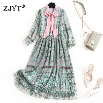 

2020 New Spring Designer Runway Women Fashion Bow Neck Print Mid Calf Pleated Prairie Chic Chiffon Dress Casual Vestidos