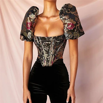 

Boho Square Collar Jacquard Boned Bustier Crop Tops Shirt Puff Sleeve Sexy Backless Shirts Blouse Women Zipper Shirts