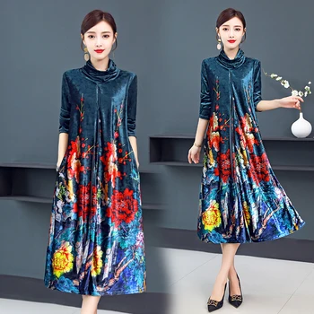 

New Autumn Dress Women Printing Temperament Plus Size Women Velvet Floral Dress Blue Long Sleeve Loose Folk-custom Clothes