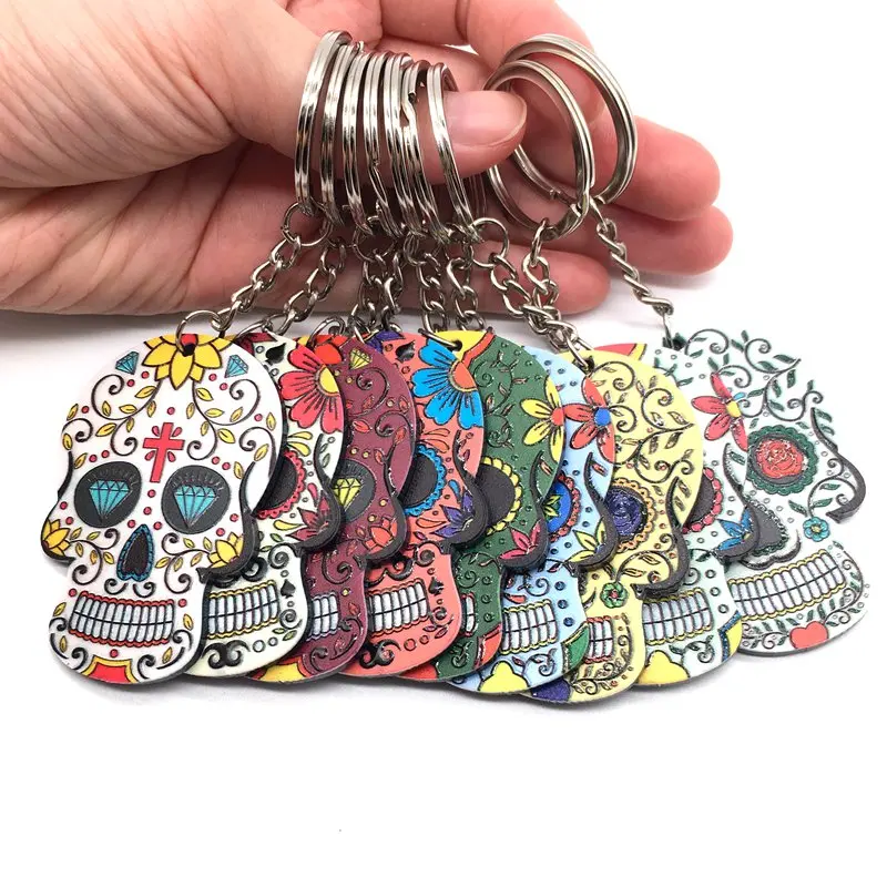 

Keychains Calavera Sugary-Sweet Whimsical Skull Key chain Keyrings Relief Sugar Skull KeyChain 9 color Custom Skeleton Key Ring