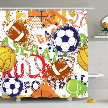 

Shower Curtain Set with Hooks 72x72 Sport Pattern Balls Repeated Backdrop Basketball Sign Decoration Set Abstract Fan Textures
