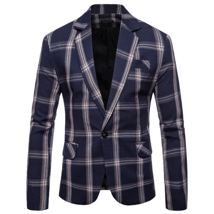 navy blue Высококачественный клетчатый мужской повседневный Блейзер, Мужской Хлопковый пиджак, приталенный мужской классический стильный блейзер для мужчин - Цвет: navy blue