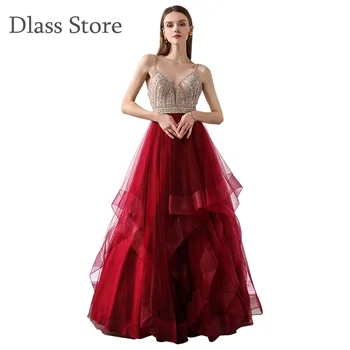 

2020 Wine Red Tulle Prom Dresses Deep Backless Spaghetti Straps Floor Length Tiered Ruffels Beadied Sequin Top вечернее платье