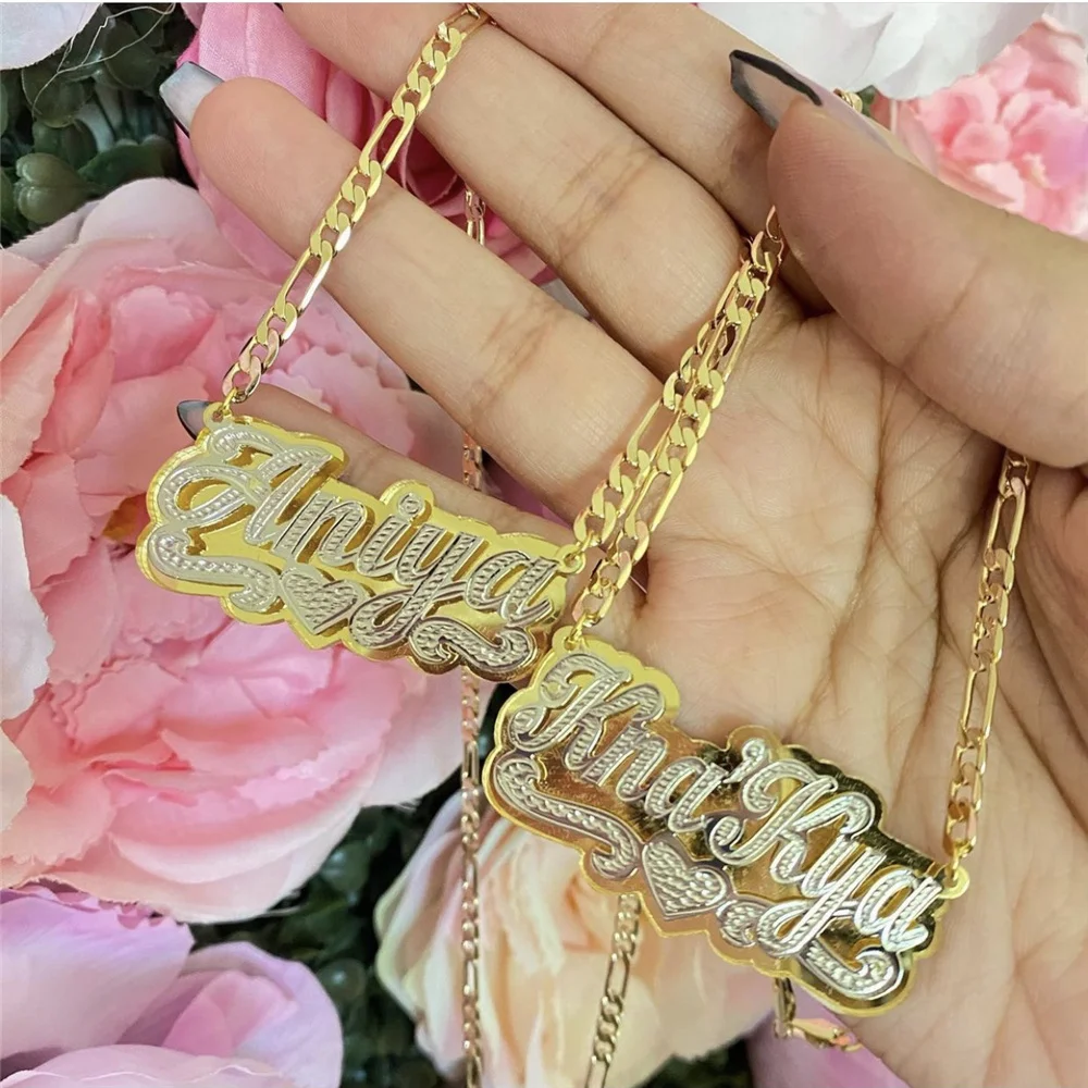 18K Gold Plated Double Layers Nameplate Necklaces Customized Name Pendant Hip-hop 3D Necklace For Women Personalized Gifts