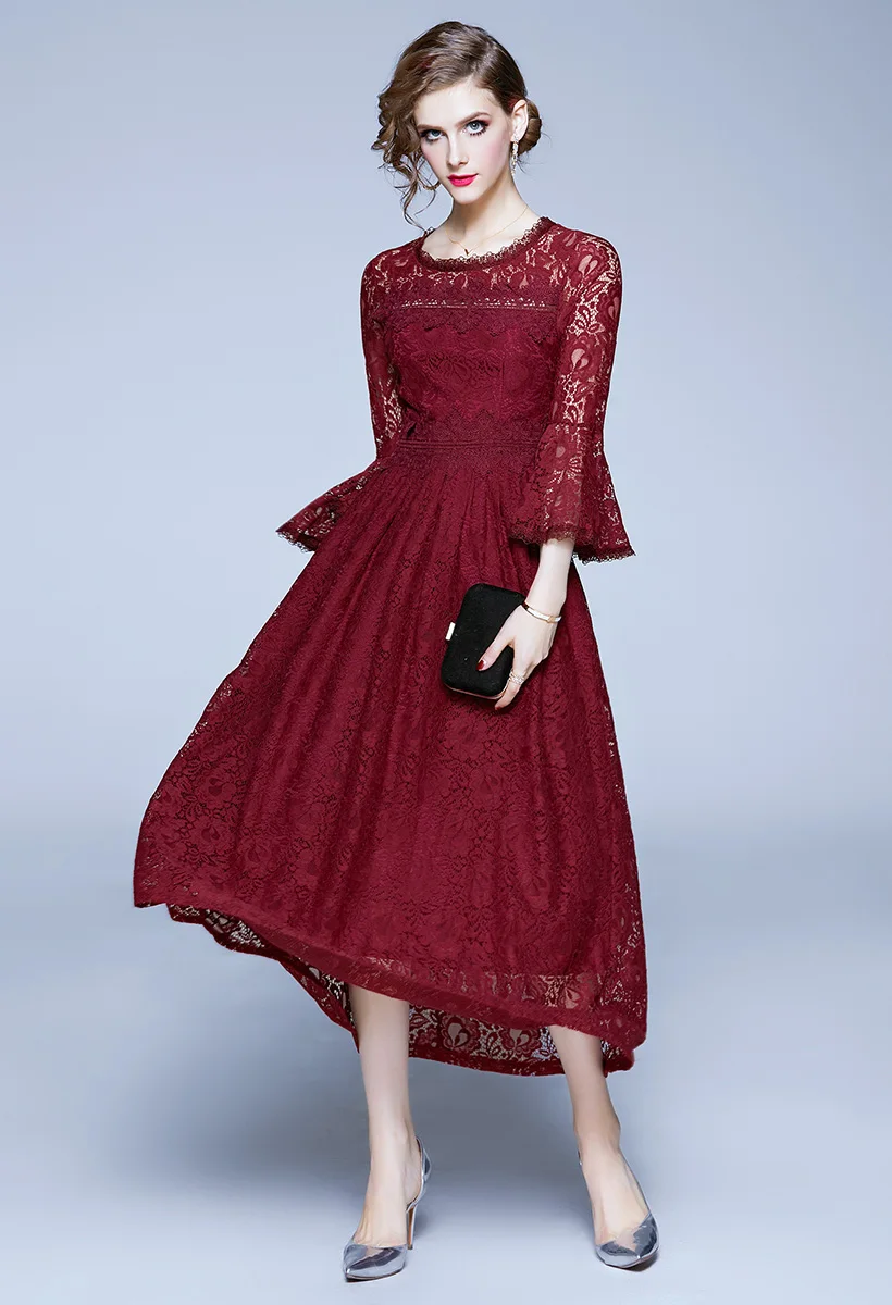 Vestidos, новинка, осенне-зимнее платье, элегантное, тонкое, ажурное, кружевное платье, модное, винтажное, с оборками, рукав, праздничное платье, Vestido