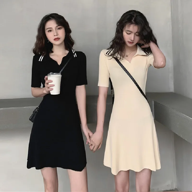 

Photo Shoot 2020 Spring And Summer Korean-style A- line Polo Collar Jersey Dress Slim Fit Elegant Skirt
