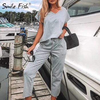 

Sporty Streetwear Trousers Suits Women 2 Pieces Sets Jogger Casual Short Sleeve V-Neck Tee Shirts Pencil Pants Sweatsuit G1516