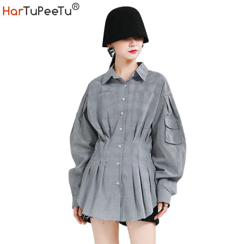 

Puff Long Sleeve Plaid Blouse Women 2020 Autumn Plus Size High Waist Tunic Dress Shirts Irregular Arc Pleated Hem Korean Style