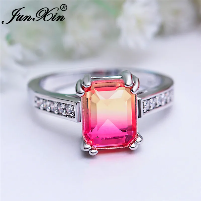 Pink Yellow Ring Классические квадратные радужные Хрустальные Обручальные кольца для женщин 925 серебряный цвет синий розовый зеленый обручальное кольцо с камнем мистические ювелирные украшения CZ - Цвет основного камня: Pink Yellow Ring