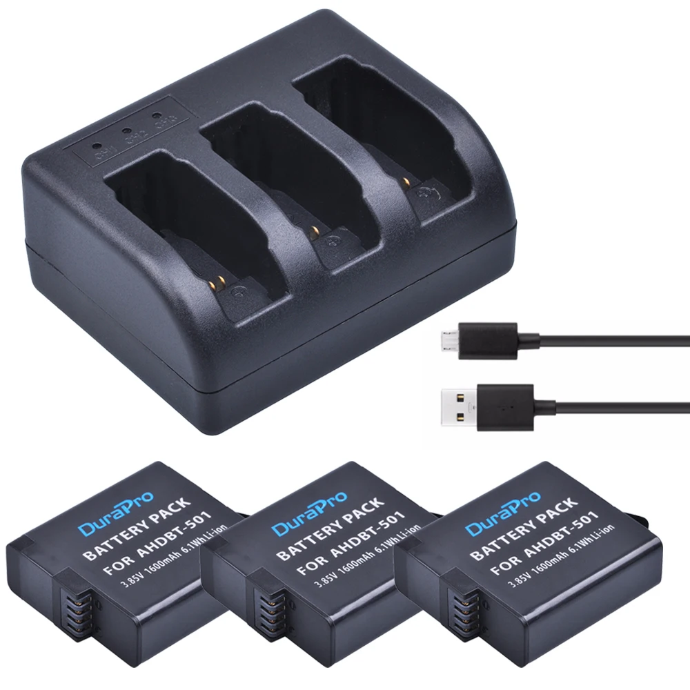 Durapro 1600Mah Ahdbt 501 Ahdbt-501 Batteria Ricaricabile + Caricabatterie Usb A 3 Canali Per Fotocamera Gopro Hero 5/6 Hero5 Ahdbt 501