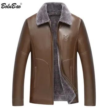 

BOLUBAO Brand Men's Leather Jacket Fashion Winter Fleece Fur Collar Leather Jackets Slim Fit Male Warm PU Leather Jackets