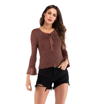 

5837 # Autumn WOMEN'S Dress V-neck Lace-up Liangsi Bell Sleeve Knit Pullover Women's 2020 New T-shirt
