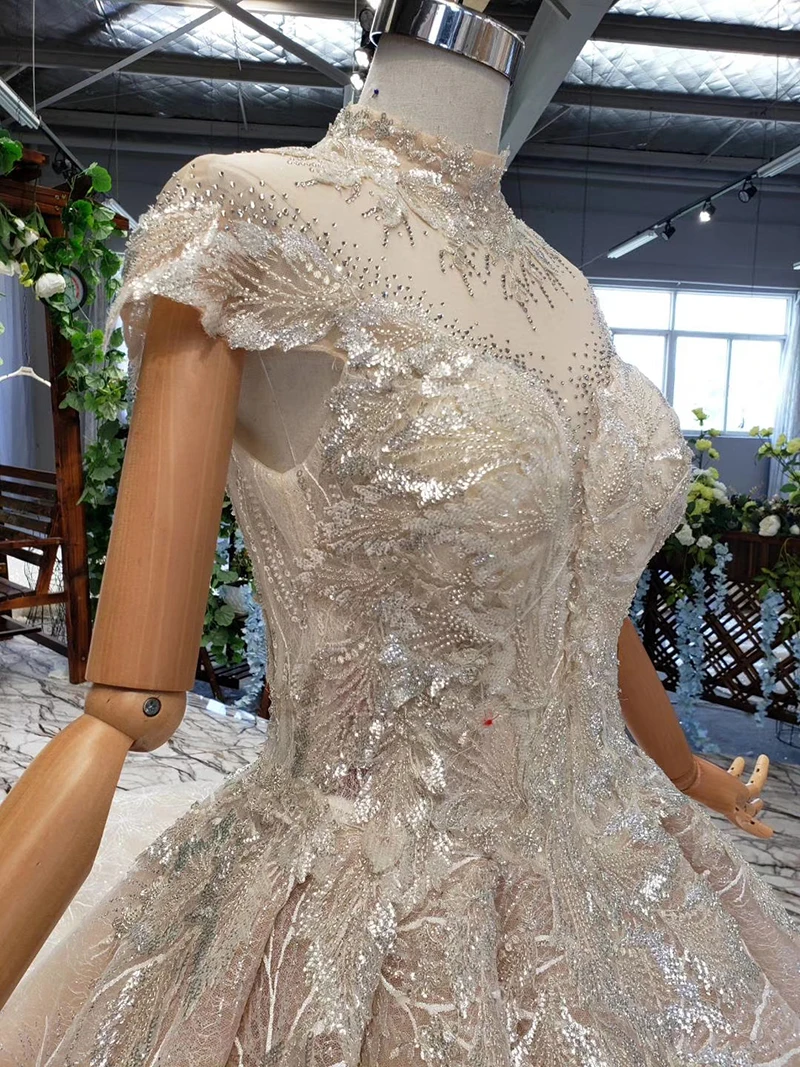 HTL726 ball gown wedding gown for women high neck short sleeve floor length wedding dress with sleeves vestido de noiva civil