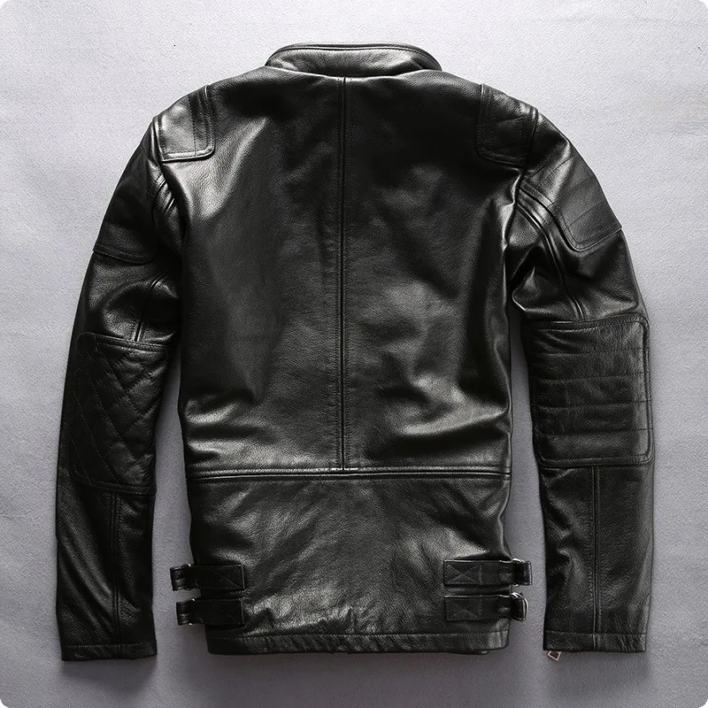 

2020 New Stand Collar Pockets Mens Slim Fit Cow Genuine Leather Short Jackets Motorcycle Coat For Male Plus Size Campera Hombre