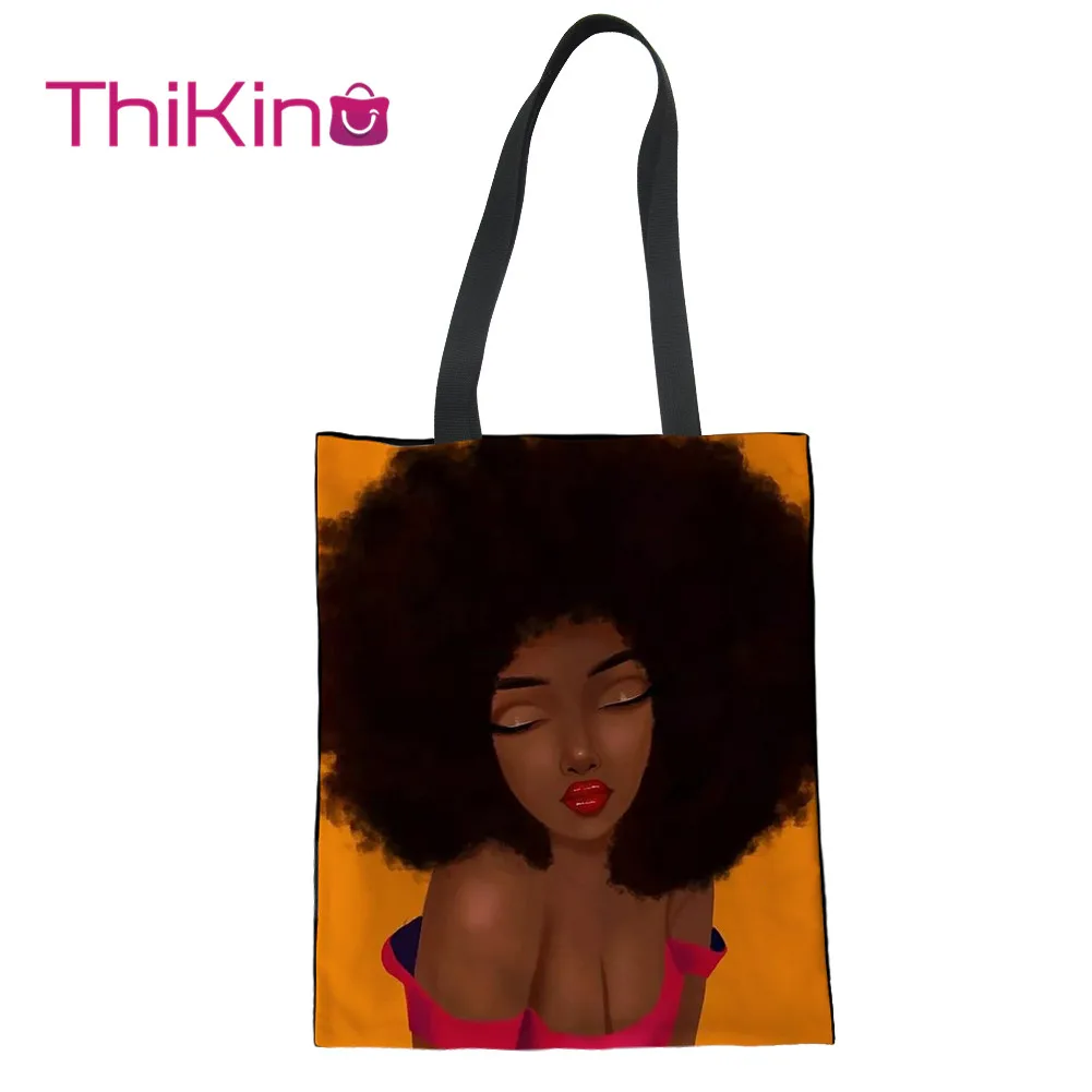 

Thikin Fashion African Black Girl Painting Canvas Bag Women Shopping Handbags Fashion Portable Bag for Girl Women Bags Designer