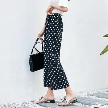

2020 Summer New Elastic Waist Drop Feeling Chiffon Wave Point Wide Leg Pants Women's Slim High Waist Casual Pants 9-point Pants