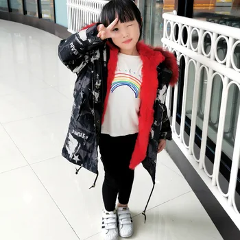 

Winter Children Real Fur Collar Jackets Camoufalge Kids Thick Warm Outwear Coats Baby Boys Girls Luxury Rabbit Fur Liner Parkas