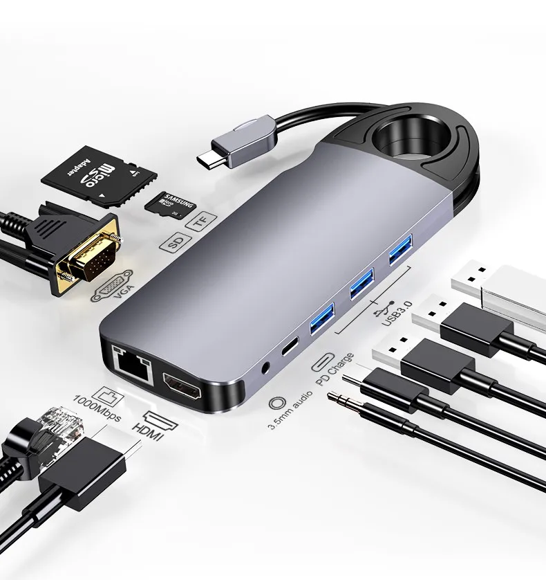 

USB C HUB Type-C to Multi 4K HDMI RJ45 VGA Gigabit Ethernet USB 3.0 HUB 10 in 1 Adapter USB Splitter PD Ports