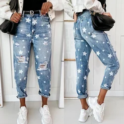Calças de brim femininas outono inverno casual estrela padrão impresso jeans fino moda vintage botão cintura média lavada denim lápis calças