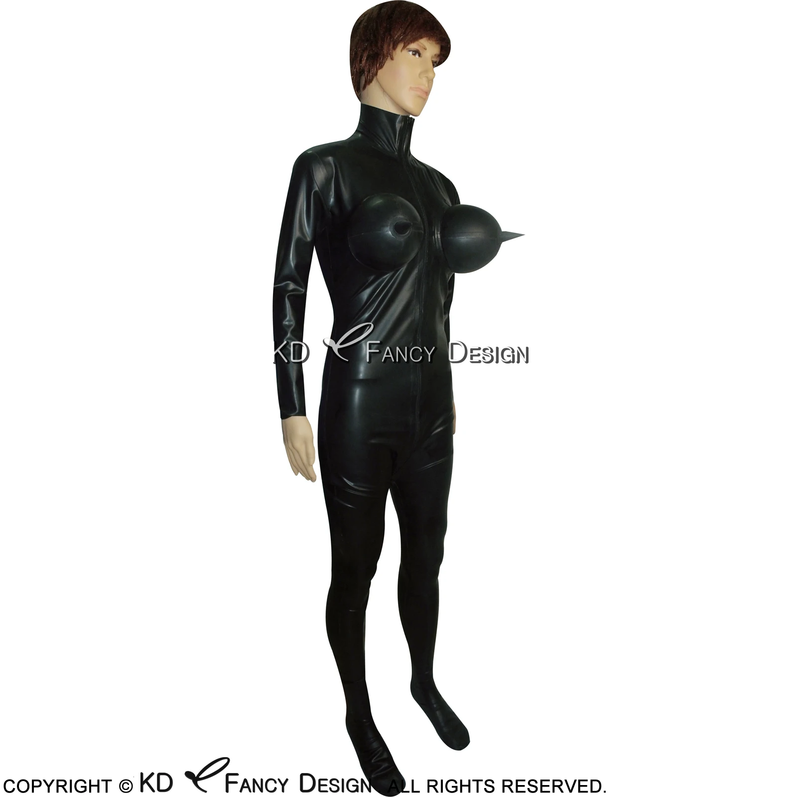 Black Sexy Latex Catsuit With Inflatable Breasts Feet Socks Front Zipper Rubber Bodysuit Overall